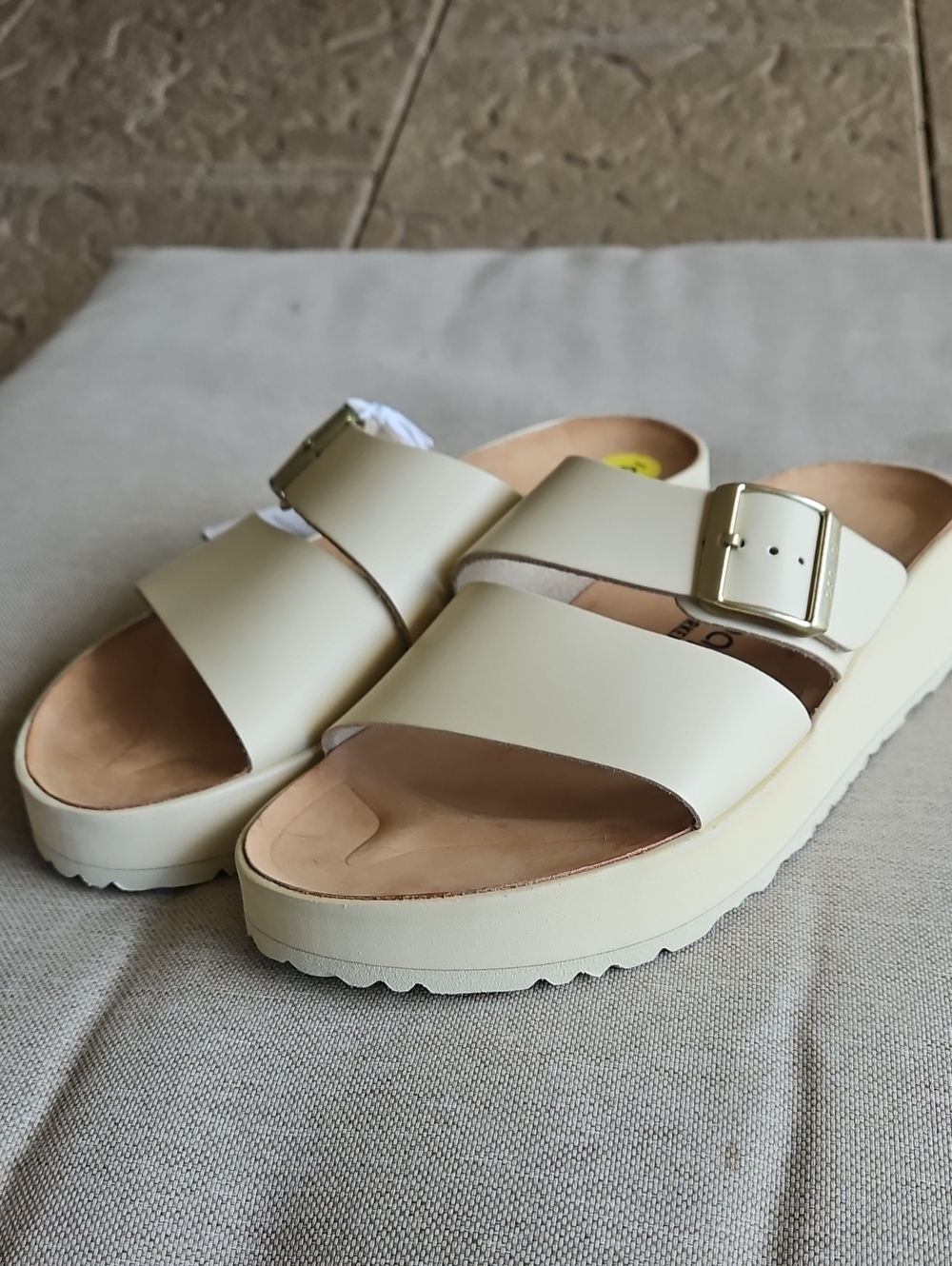 Birkenstock PAPILLIO Almina Wide Leather Strap Wedges Slides In Ecru Size 9